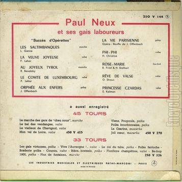 [Pochette de Succs d’oprettes (Paul NEUX et ses gais laboureurs) - verso]