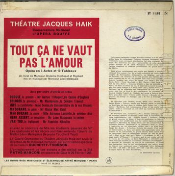 [Pochette de Tout a ne vaut pas l’amour (Lon MALAQUAIS et sa fanfare) - verso]