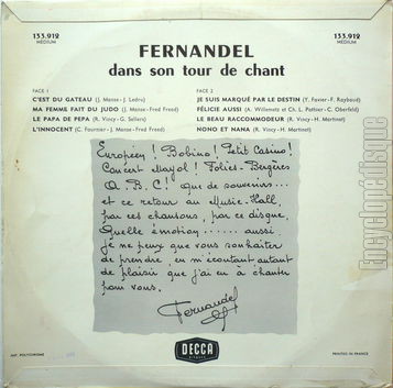 [Pochette de Fernandel dans son tour de chant (FERNANDEL) - verso]