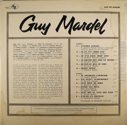 [Pochette de N’avoue jamais (Guy MARDEL) - verso]