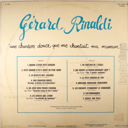 [Pochette de Une chanson douce que me chantait ma maman (Grard RINALDI) - verso]