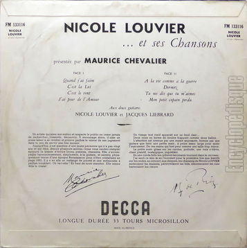 [Pochette de Nicole Louviers et ses chansons (Nicole LOUVIER) - verso]