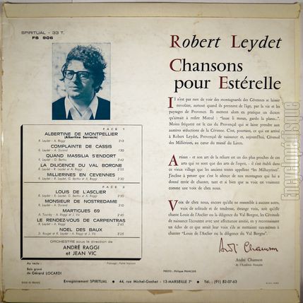 [Pochette de Chansons pour Esterelle (Robert LEYDET) - verso]