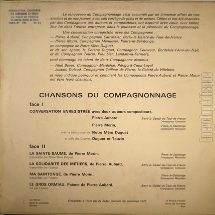 [Pochette de Chansons et tmoignages des Compagnons du Devoir (Les COMPAGNONS DU DEVOIR) - verso]