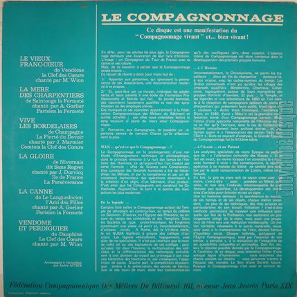 [Pochette de Chants compagnonniques - 2 - (FDRATION COMPAGNONNIQUE DES MTIERS DU BTIMENTS) - verso]