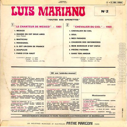 [Pochette de Toutes ses operettes n 2 (Luis MARIANO) - verso]