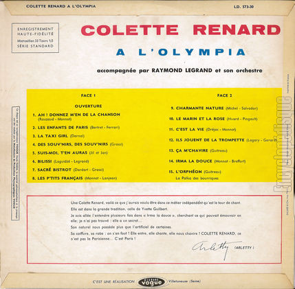 [Pochette de  l’Olympia (Colette RENARD) - verso]