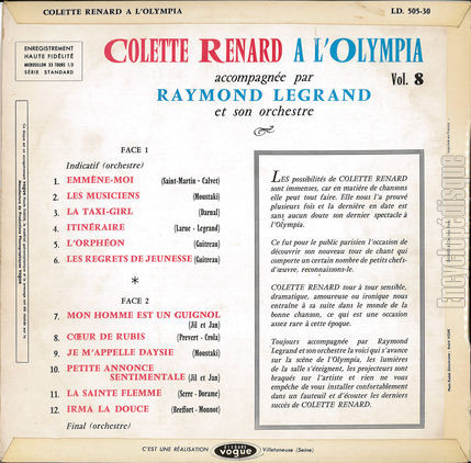 [Pochette de  l’Olympia vol. 8 (Colette RENARD) - verso]