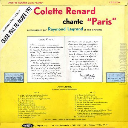 [Pochette de Chante Paris (Colette RENARD) - verso]