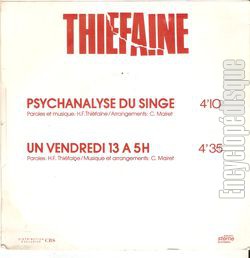 [Pochette de Psychanalyse du singe / Un vendredi 13  5 h (Hubert-Flix THIFAINE) - verso]