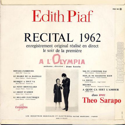 [Pochette de Rcital 1962 (dith PIAF) - verso]