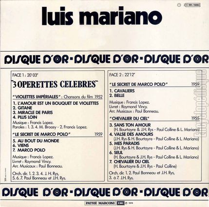 [Pochette de Disque d’or - 3 oprettes clbres (Luis MARIANO) - verso]