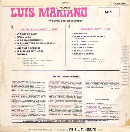 [Pochette de Toutes ses operettes n 1 (Luis MARIANO) - verso]