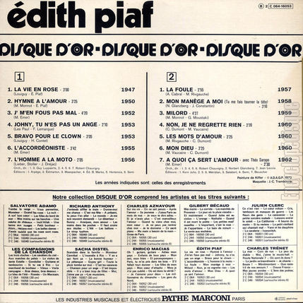 [Pochette de Disque d’or (dith PIAF) - verso]