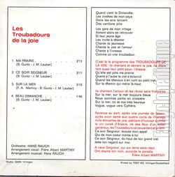 [Pochette de Ma prairie (Les TROUBADOURS DE LA JOIE) - verso]