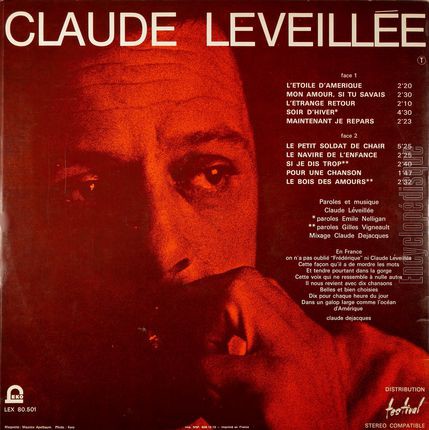 [Pochette de toile d’Amrique / Mon amour, si tu savais / L’trange retour… (Claude LVEILLE) - verso]