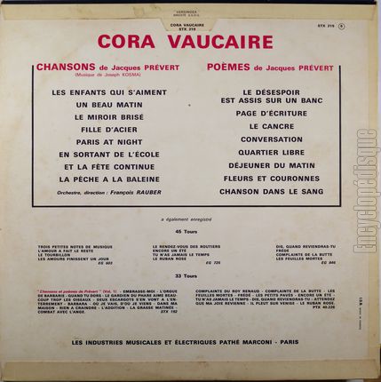 [Pochette de Cora Vaucaire - Jacques Prvert (Cora VAUCAIRE) - verso]