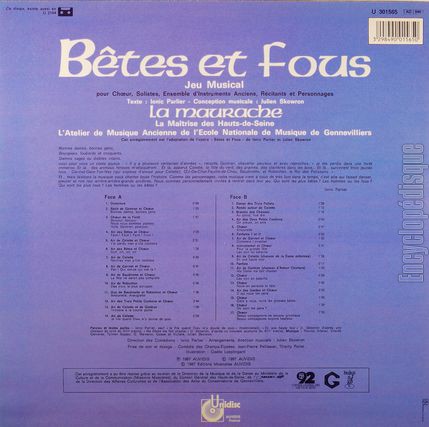 [Pochette de Btes et fous - jeu musical - (La MAURACHE (La Maitrise des Hauts-de-Seine)) - verso]