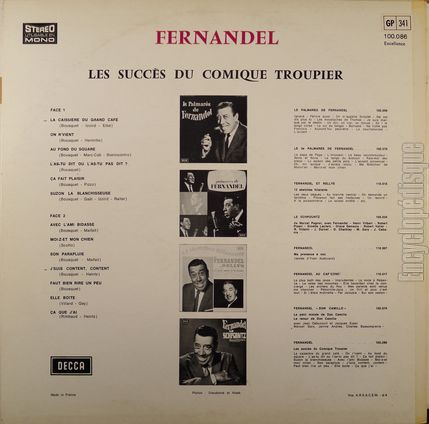 [Pochette de 13 succs du comique troupier (FERNANDEL) - verso]