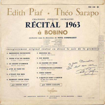 [Pochette de Rcital Bobino 1963 (dith PIAF et Tho SARAPO) - verso]