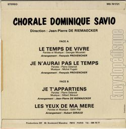 [Pochette de Le temps de vivre (CHORALE DOMINIQUE SAVIO) - verso]