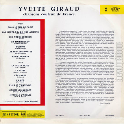 [Pochette de Chansons couleur de France (Yvette GIRAUD) - verso]