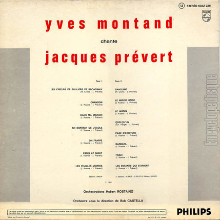 [Pochette de Montand chante Prvert (Yves MONTAND) - verso]