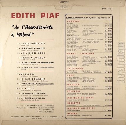 [Pochette de De L’accordoniste  Milord (dith PIAF) - verso]