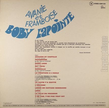 [Pochette de Avanie et framboise (Boby LAPOINTE) - verso]