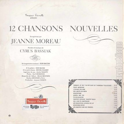 [Pochette de 12 chansons nouvelles (Jeanne MOREAU) - verso]