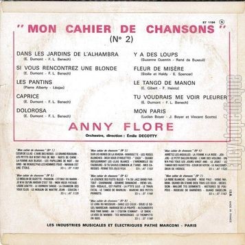 [Pochette de Mon cahier de chansons n 2 (Anny FLORE) - verso]