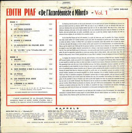 [Pochette de De l’accordoniste  Milord (dith PIAF) - verso]