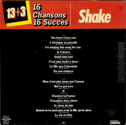 [Pochette de 13+3 16 chansons 16 succs (SHAKE) - verso]