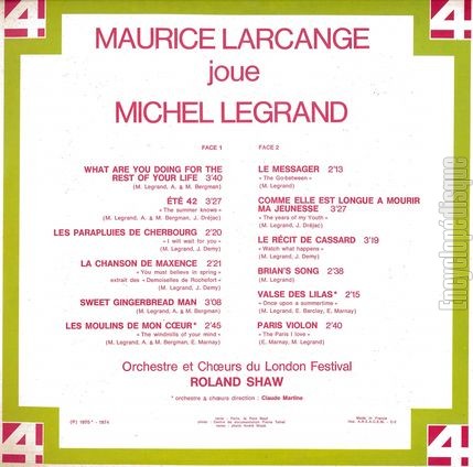 [Pochette de Joue Michel Legrand (Maurice LARCANGE) - verso]