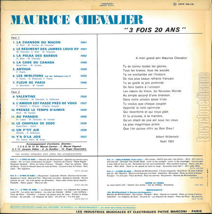 [Pochette de 3 fois 20 ans (1948) - volume 3 (Maurice CHEVALIER) - verso]