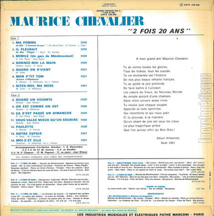 [Pochette de 2 fois 20 ans (1928) - volume 2 (Maurice CHEVALIER) - verso]