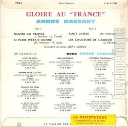 [Pochette de Gloire au "France" (Andr DASSARY) - verso]