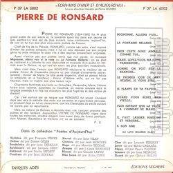 [Pochette de Pierre de Ronsard (POTES D’AUJOURD’HUI) - verso]