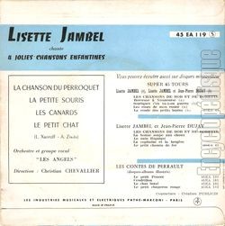 [Pochette de Quatre jolies chansons enfantines (Lisette JAMBEL) - verso]