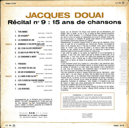 [Pochette de Rcital n 9 : 15 ans de chansons (Jacques DOUAI) - verso]