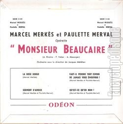 [Pochette de Monsieur Beaucaire (Marcel MERKS et Paulette MERVAL) - verso]