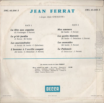 [Pochette de La fte aux copains, Mes amours, Les nomades… (Jean FERRAT) - verso]