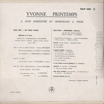 [Pochette de Pages classiques, Chansons d’aujourd’hui (Yvonne PRINTEMPS) - verso]