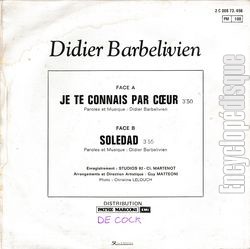 [Pochette de Je te connais par cœur (Didier BARBELIVIEN) - verso]