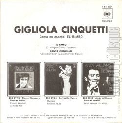 [Pochette de El Bimbo - canta chiquillo (Gigliola CINQUETTI) - verso]