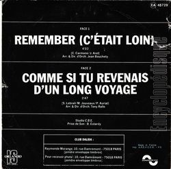 [Pochette de Remember… c’tait loin (DALIDA) - verso]