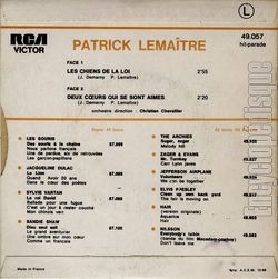 [Pochette de Les chiens de la loi /Deux cœurs qui se sont aims (Patrick LEMATRE) - verso]