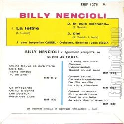 [Pochette de La lettre (Billy NENCIOLI) - verso]