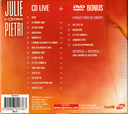 [Pochette de  l’Olympia (Julie PIETRI) - verso]