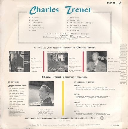 [Pochette de Je re chante ! Mes anciennes chansons en stro ! (Charles TRENET) - verso]